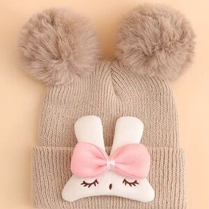Cute Beige Knit Hat with Pom Poms